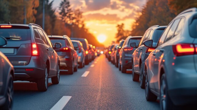 Busy road with cars in traffic jam at sunset, urban lifestyle - Powered by Adobe