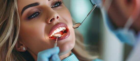 Beautiful young woman having dental treatment at dentist s office. Copy space image. Place for adding text or design