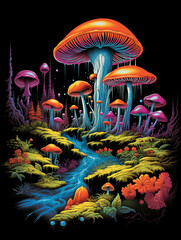 T-shirt design, a psychedelic, retro- futuristic landscape, featuring strange plants and towering mushrooms under a sky of swirling created with Generative Ai