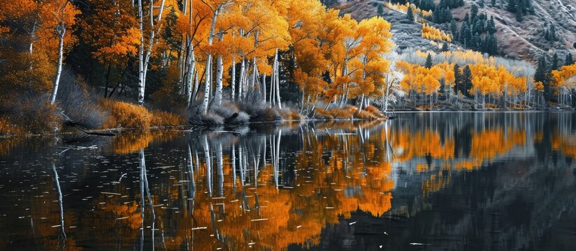 An aspen tree forest in full color is reflected in the calm water of Kolob Reservoir adjacent to Zion National Park Uath. Copy space image. Place for adding text or design