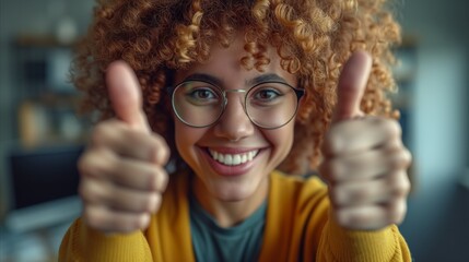 Cheerful woman giving thumbs up, smiling with confidence and optimism