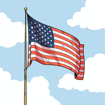 Background with flag of USA on a sky blue background with clouds. Vector illustration for Independence, Patriot, Veterans, President Day.