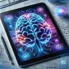  Tablette affichant un cerveau connecté idéal pour article, blogs traitant de : Piraterie, Cyber sécurité, sécurité informatique, virus, hacker, hacking, pirate, attaque et intelligence artificielle 