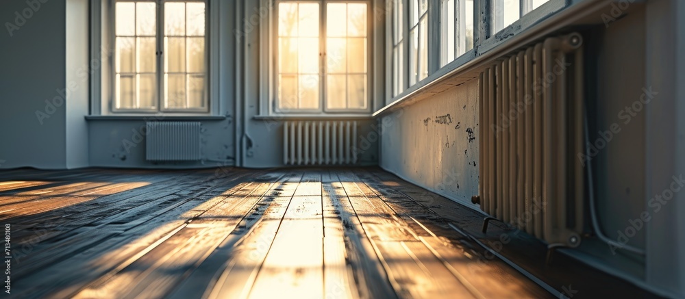 Poster A beautiful image of an empty room window and heating radiator in a white interior design house. Copy space image. Place for adding text or design