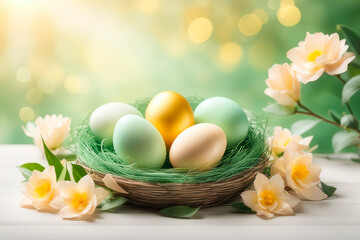 Obraz na płótnie Canvas Happy Easter, holiday greeting card mockup with light bokeh, flowers and colored eggs.