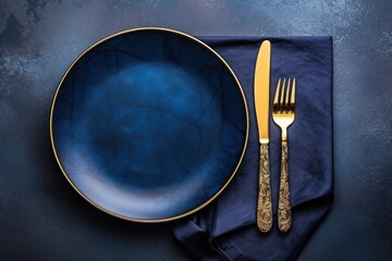  a blue plate with a gold fork and knife on top of a blue napkin with a blue napkin underneath it.