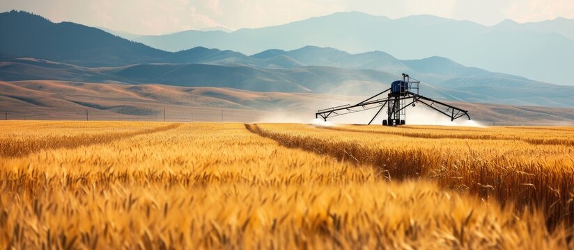 A center pivot sprinkler watering a wheat field in the fertile farm fields of Idaho. Copy space image. Place for adding text or design