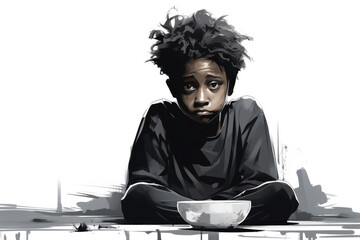 Fototapeta na wymiar Sad hungry African child with an empty bowl in his hands, cartoon style