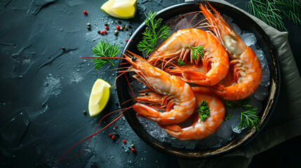 Healthy food. Fresh shrimps with ice close-up on plate on dark background with copy space top view - Powered by Adobe
