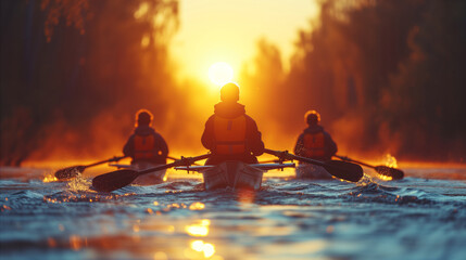 Team of rowers in action at sunrise on tranquil waters - obrazy, fototapety, plakaty