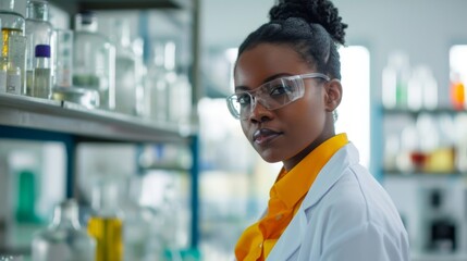 African American scientist in lab coat and safety glasses in laboratory.