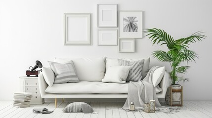 A minimalist living room Scandinavian style interior with a white sofa, white and gray colors
