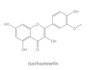 Isorhamnetin structure. Molecule of flavonol (flavonoid) found in pears, olive oil and wine.