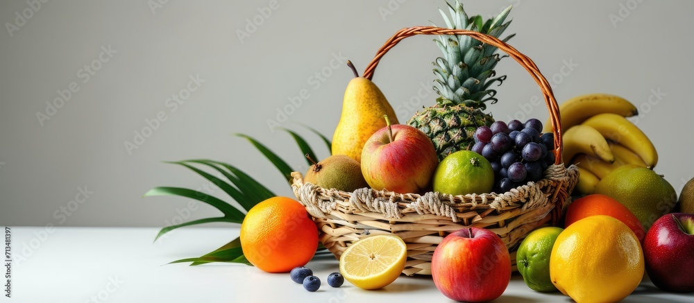 Poster Assortment of exotic fruits in basket isolated on white. Copy space image. Place for adding text or design