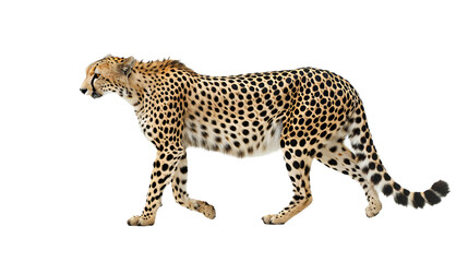 Cheetah Walking Across White Background, Graceful and Powerful Animal in Motion