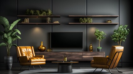 Modern luxury living room interior background, interior with black walls
