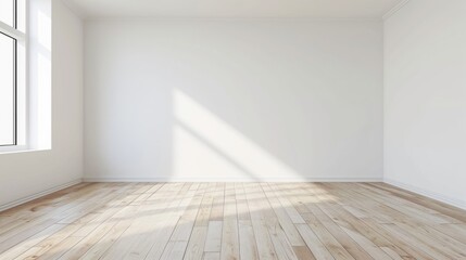 A blank room with a white painted wall and light wooden herringbone floor, giving a clean and spacious feel.