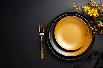  a black plate with a gold rim and a gold fork and a black plate with a gold rim and a yellow plate with a gold rim.