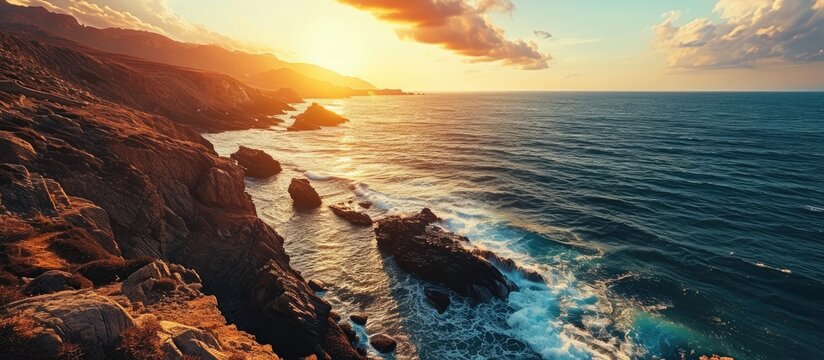 Aerial view over beautiful ocean during sunset Top view to the ocean in summer day while sunset closeup Drone view of a Scenic slow motion ocean waves Beautiful sunrise over ocean. Copy space image