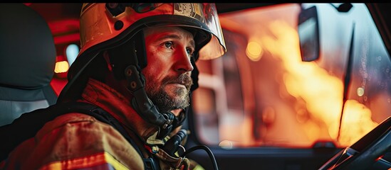 A firefighter is sitting in the back of a truck The man is worried about what might happen when he gets to the fire uniform public service. Copy space image. Place for adding text or design