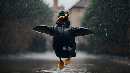 Duck wearing black raincoat playing in the rain happy with excitement. wallpaper background ads or gift wrap and web design and banners cards generated ai