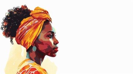 Watercolor painting of an african girl in national colorful headscarf, black history month