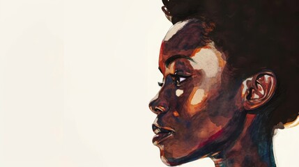 Watercolor painting of an african girl in national colorful headscarf, black history month