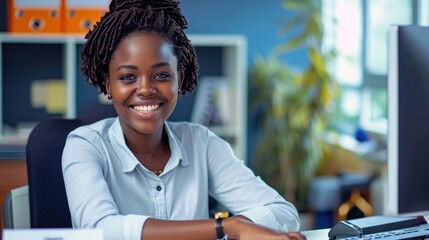 A joyful woman in a white shirt celebrates victory, her smile expressing success and happiness in an office setting, corporate life and competition concept