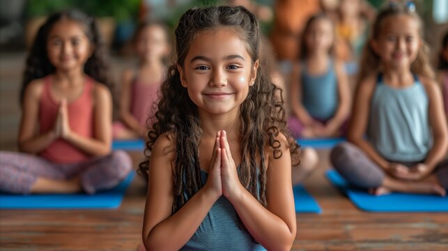 Young children practicing yoga in a group with smiling girl in foreground