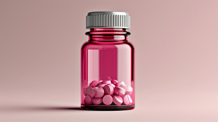 pills in glass bottle, with pink background, centered botlle