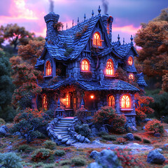 Fototapeta premium A lit up house with a fairy tale house on the front ai photo