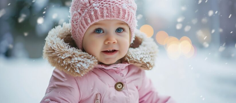 Adorable little baby girl making first steps outdoors in winter Cute toddler learning walking Child having fun on cold snow day Wearing warm baby pink clothes and hat with bobbles. Copy space image