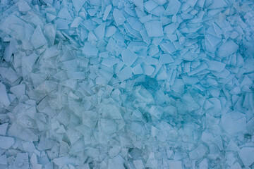 Aerial view about piled up ice floes on lake Balaton at Fonyódliget, Hungary. Abstract ice formation background.