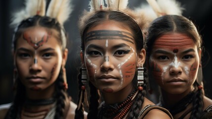 Portrait of beautiful young colorful women of the northern Indian tribes in traditional tribal coloring