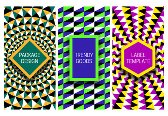 Set of packaging design with optical illusion backgrounds of spectacular moving patterns. Visual hypnotic backdrop with frames for text.