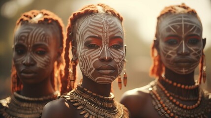 Portrait of beautiful young colorful African women in traditional tribal coloring - obrazy, fototapety, plakaty