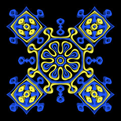 Ethnic yellow blue 3d ornament for decoration on black background.