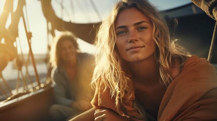 Portrait of a young blonde woman, a sailor on a fishing boat - obrazy, fototapety, plakaty