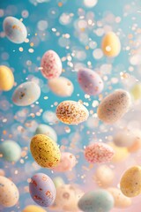 Fototapeta na wymiar A lovely pattern of flying eggs set on a bokeh background, giving happiness and joy for the upcoming Easter celebration.
