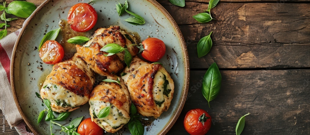 Poster Baked chicken rolls with basil and cheese on plate Healthy lunch Keto diet Top view above. Copy space image. Place for adding text or design