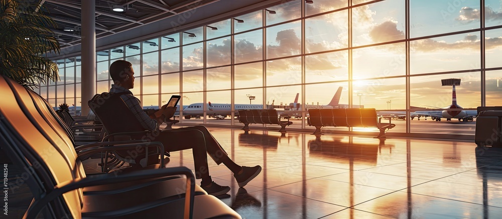 Poster airport terminal flight wait smiling businessman uses smartphone for e business browsing internet wi