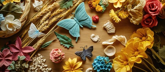 Autumn crafts with natural dry flowers grass leaves Creating butterfly sun heart from plasticine....