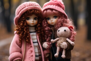 two dolls standing next to each other holding a teddy bear and a teddy bear wearing a pink knitted hat.