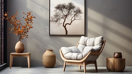 egant Scandinavian living room composition with wooden armchair