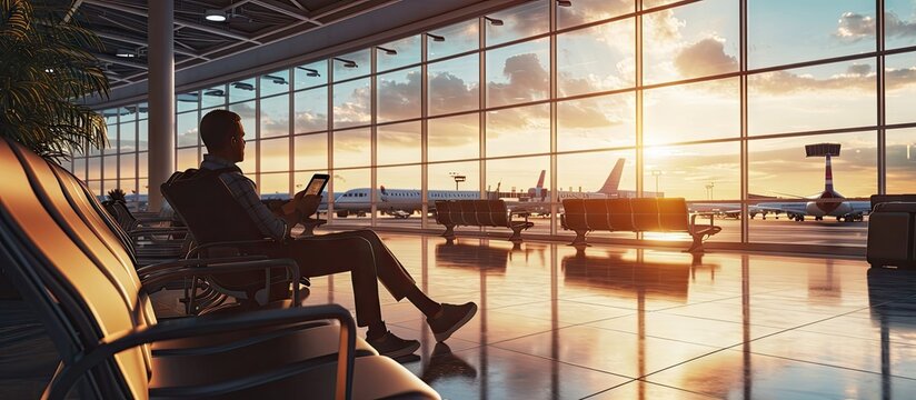 Airport Terminal Flight Wait Smiling Businessman Uses Smartphone for e Business Browsing Internet with an App Traveling Entrepreneur Work Online on Mobile Phone in Boarding Lounge of Airline Hu