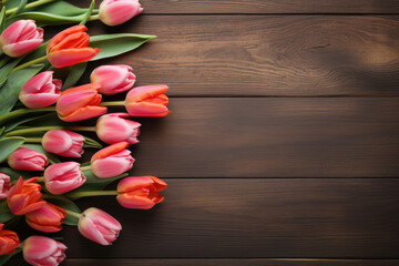 tulips on a wooden table, flat lay, card for Mother's Day or Valentine's Day. Copy space for text