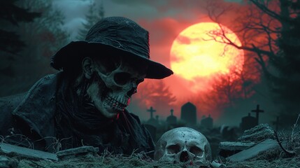 a half skullman with another skull on floor in graveyard blurred background