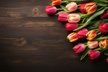 Naklejka na ściany i meble tulips on a wooden table, flat lay, card for Mother's Day or Valentine's Day. Copy space for text