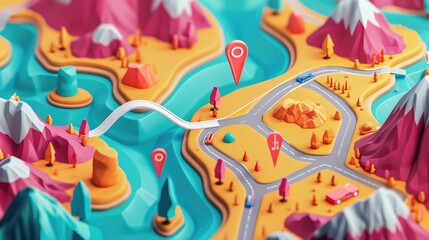 Obraz premium An isometric map with routes and markers,