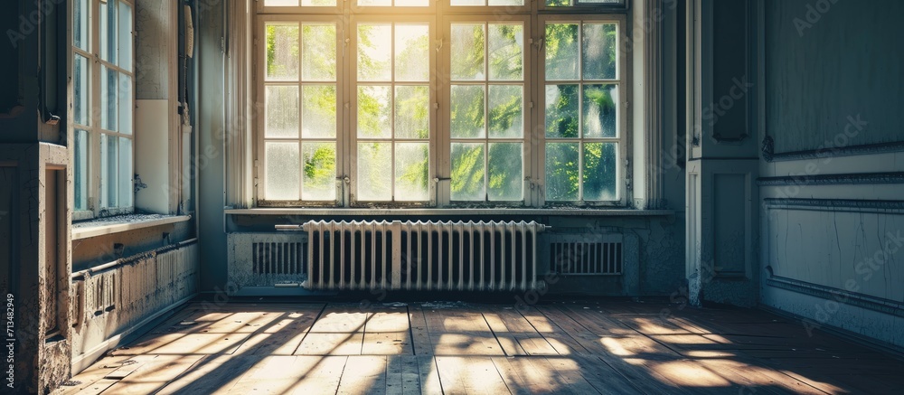 Poster A beautiful image of an empty room window and heating radiator in a white interior design house. Copy space image. Place for adding text or design